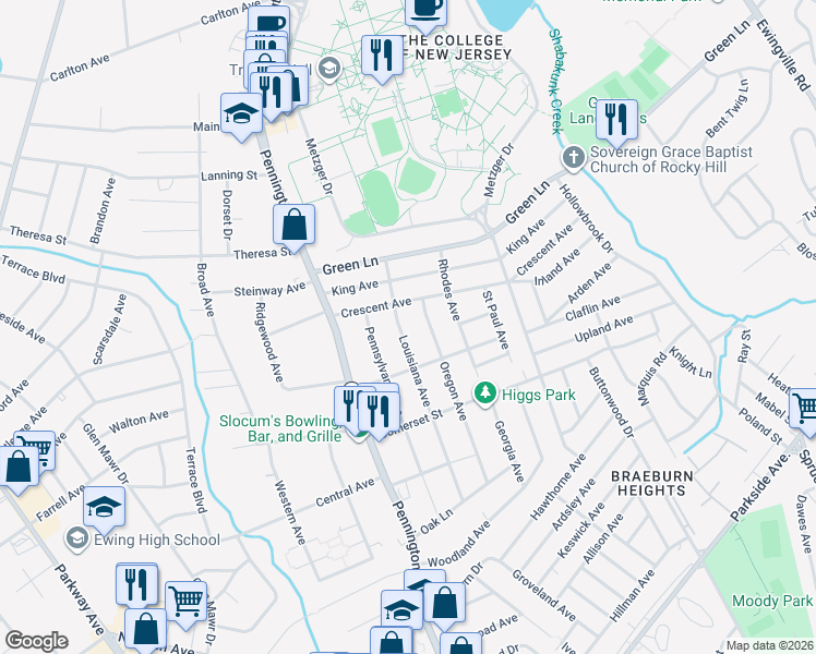 map of restaurants, bars, coffee shops, grocery stores, and more near 156 Louisiana Avenue in Ewing Township