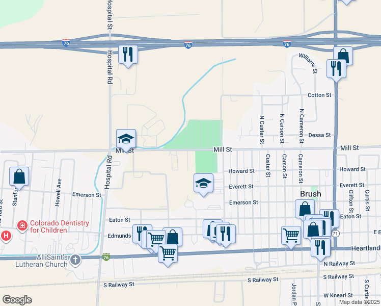 map of restaurants, bars, coffee shops, grocery stores, and more near 1208 Mill Street in Brush