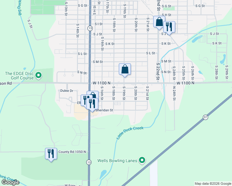 map of restaurants, bars, coffee shops, grocery stores, and more near 1631 South Q Street in Elwood