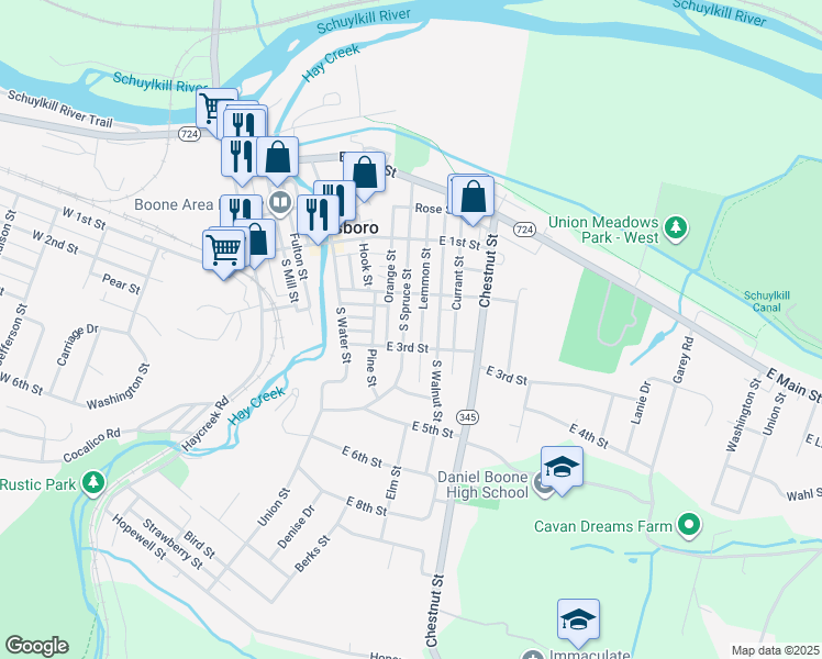 map of restaurants, bars, coffee shops, grocery stores, and more near 237 South Spruce Street in Birdsboro
