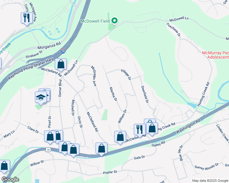 map of restaurants, bars, coffee shops, grocery stores, and more near 340 Martha Drive in Canonsburg