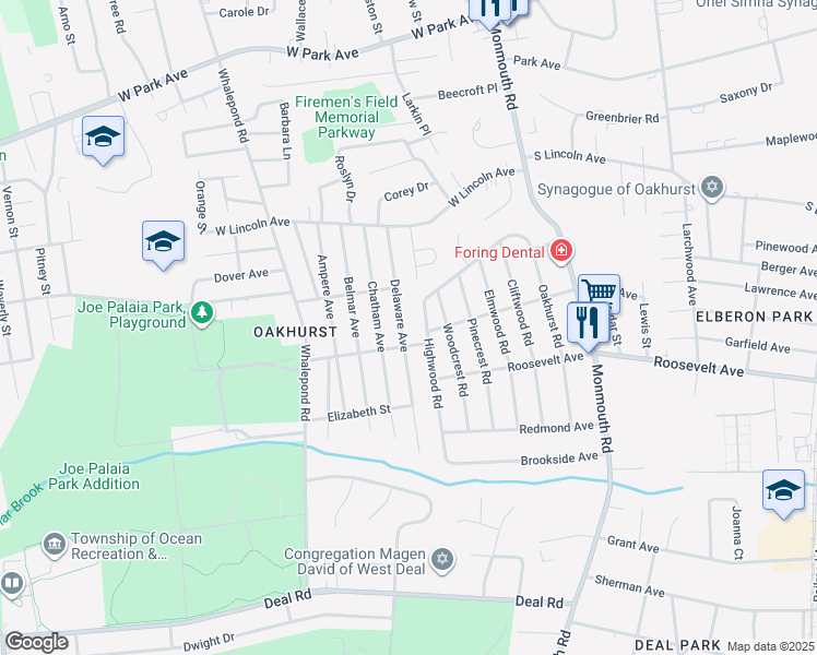 map of restaurants, bars, coffee shops, grocery stores, and more near 191 Delaware Avenue in Monmouth County