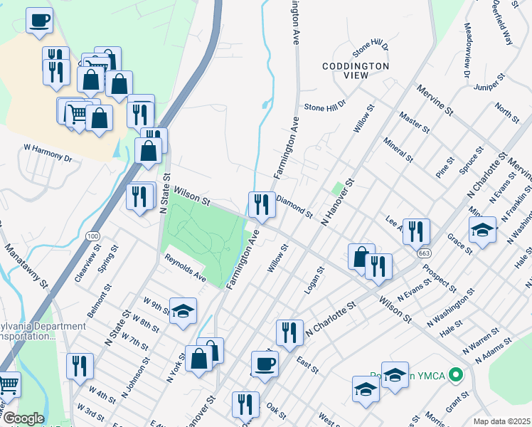 map of restaurants, bars, coffee shops, grocery stores, and more near 812 Farmington Avenue in Pottstown