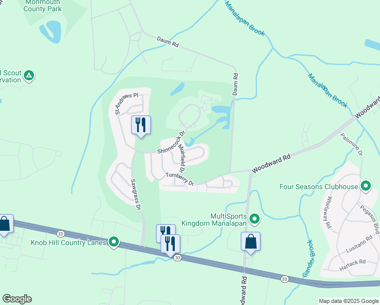 map of restaurants, bars, coffee shops, grocery stores, and more near 5 Baltusrol Drive in Manalapan Township
