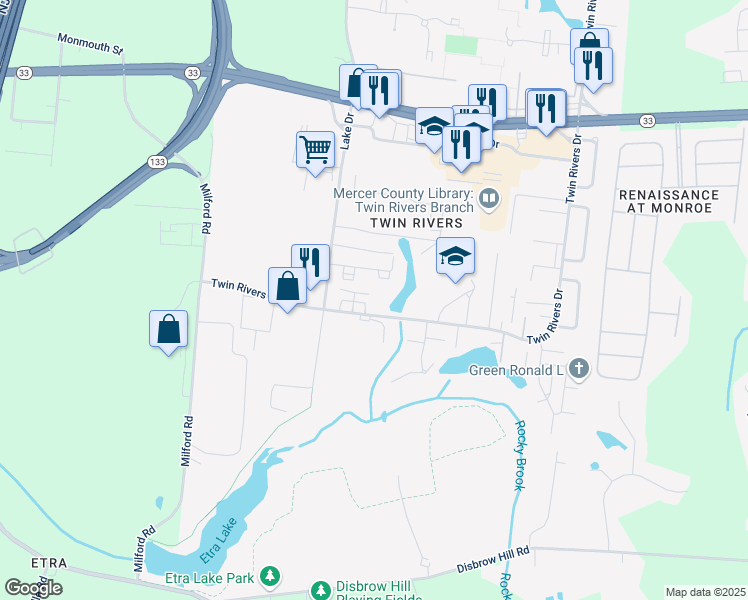 map of restaurants, bars, coffee shops, grocery stores, and more near 8 F Twin Rivers Drive in East Windsor