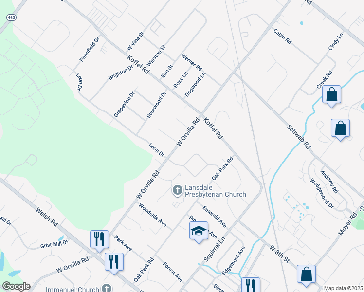 map of restaurants, bars, coffee shops, grocery stores, and more near 701 West Orvilla Road in Hatfield