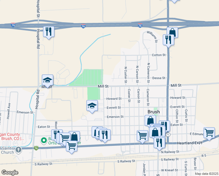 map of restaurants, bars, coffee shops, grocery stores, and more near 731 Ray Street in Brush