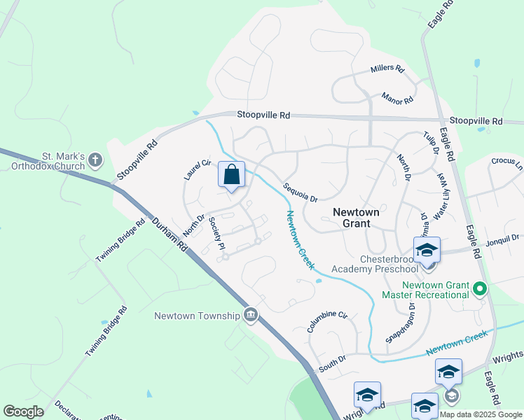 map of restaurants, bars, coffee shops, grocery stores, and more near 2808 Society Place in Newtown
