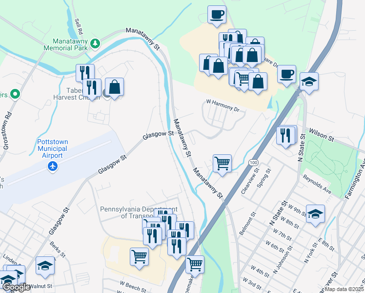 map of restaurants, bars, coffee shops, grocery stores, and more near 613 Manatawny Street in Pottstown