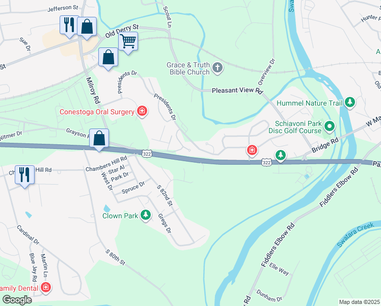 map of restaurants, bars, coffee shops, grocery stores, and more near 8449 Hamilton Street in Hummelstown