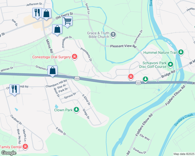 map of restaurants, bars, coffee shops, grocery stores, and more near 8449 Hamilton Street in Hummelstown