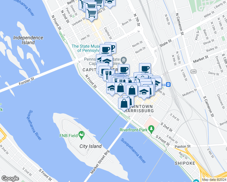 map of restaurants, bars, coffee shops, grocery stores, and more near 125 Pine Street in Harrisburg