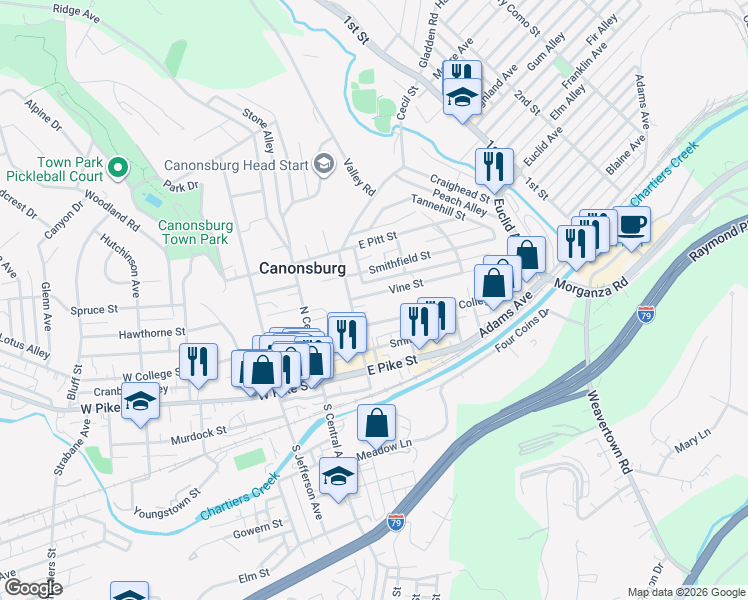 map of restaurants, bars, coffee shops, grocery stores, and more near 120 Vine Street in Canonsburg