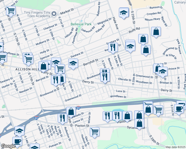 map of restaurants, bars, coffee shops, grocery stores, and more near 2180 Brookwood Street in Harrisburg