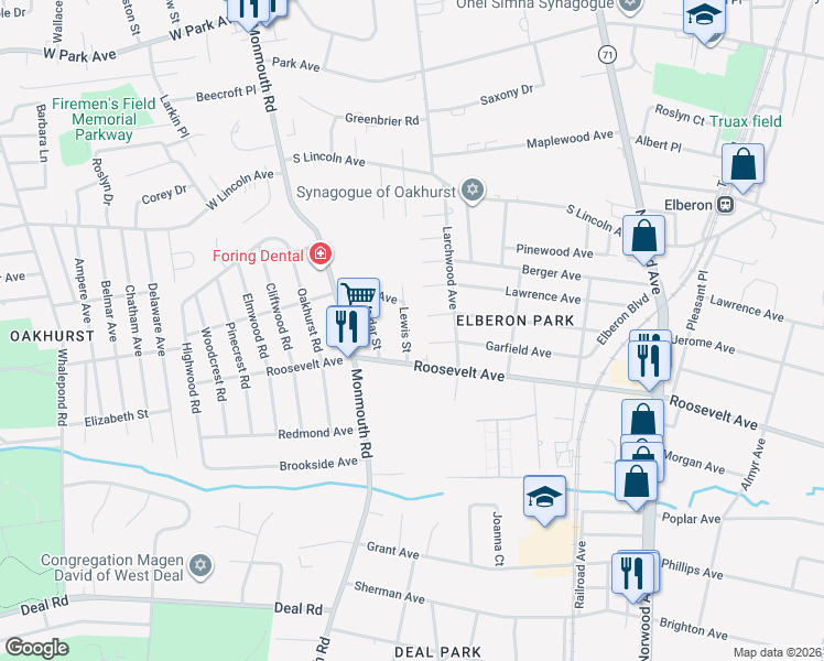 map of restaurants, bars, coffee shops, grocery stores, and more near 222 Lewis Street in Monmouth County