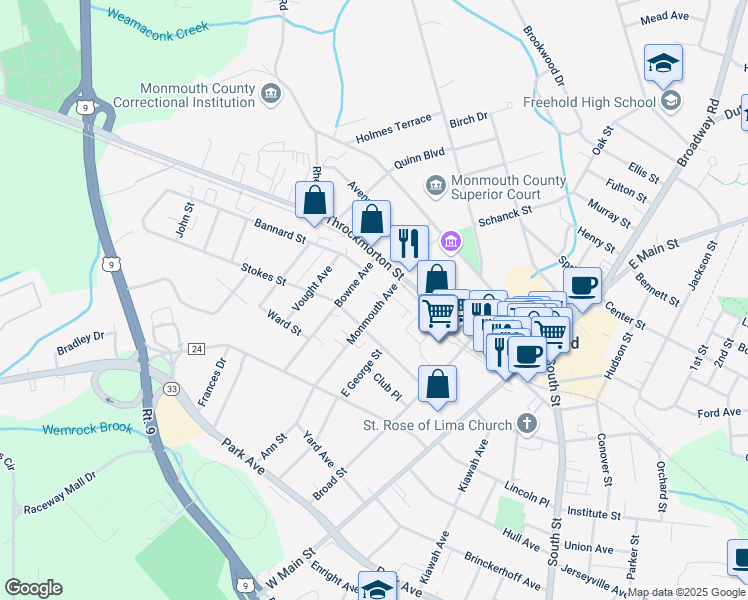 map of restaurants, bars, coffee shops, grocery stores, and more near 17 Monmouth Avenue in Freehold