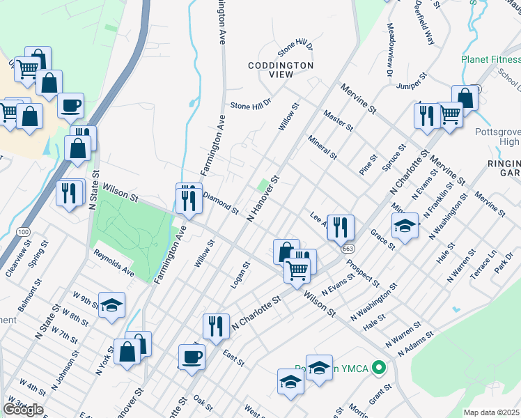 map of restaurants, bars, coffee shops, grocery stores, and more near 876 North Hanover Street in Pottstown