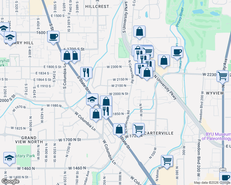 map of restaurants, bars, coffee shops, grocery stores, and more near 862 West 2000 North Street in Provo