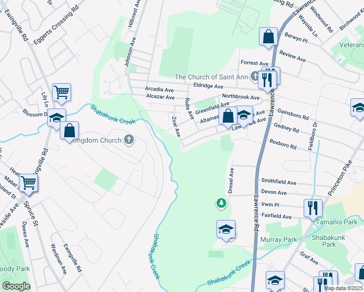 map of restaurants, bars, coffee shops, grocery stores, and more near 182 Lawn Park Avenue in Lawrence Township