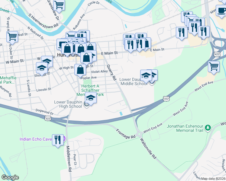 map of restaurants, bars, coffee shops, grocery stores, and more near 216 Division Street in Hummelstown