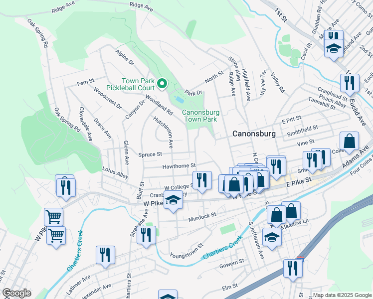 map of restaurants, bars, coffee shops, grocery stores, and more near 407 Woodland Road in Canonsburg