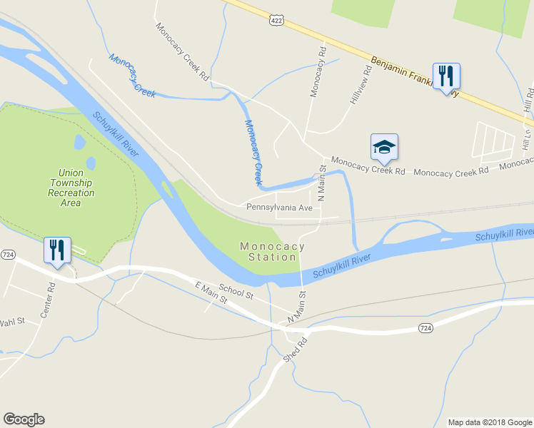 map of restaurants, bars, coffee shops, grocery stores, and more near 60 Pennsylvania Avenue in Douglassville
