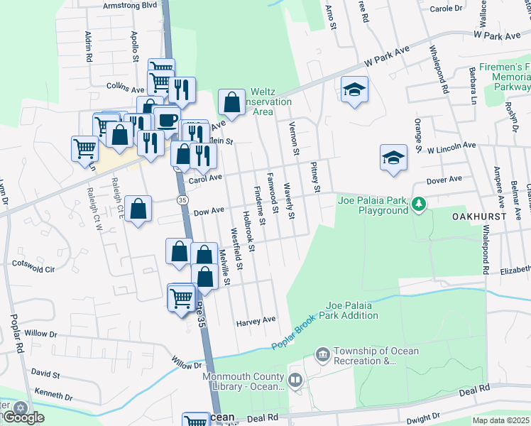 map of restaurants, bars, coffee shops, grocery stores, and more near 1807 Finderne Street in Oakhurst