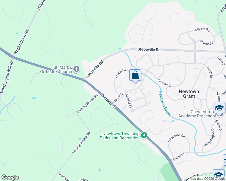 map of restaurants, bars, coffee shops, grocery stores, and more near 22 Laurel Circle in Newtown