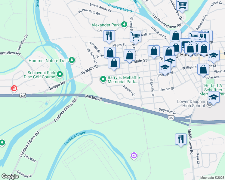 map of restaurants, bars, coffee shops, grocery stores, and more near 79 Runyon Court in Hummelstown