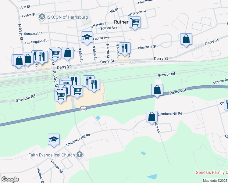 map of restaurants, bars, coffee shops, grocery stores, and more near 6535 Grayson Road in Harrisburg