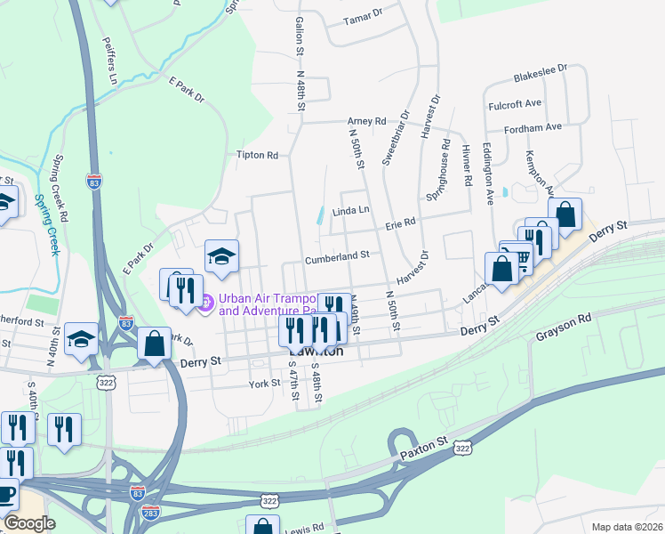 map of restaurants, bars, coffee shops, grocery stores, and more near 4819 Cumberland Street in Harrisburg