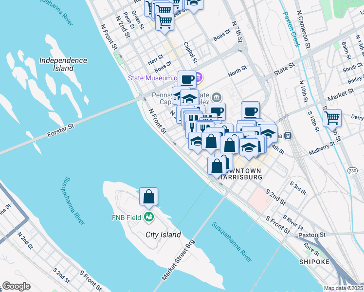 map of restaurants, bars, coffee shops, grocery stores, and more near 315 North Front Street in Harrisburg