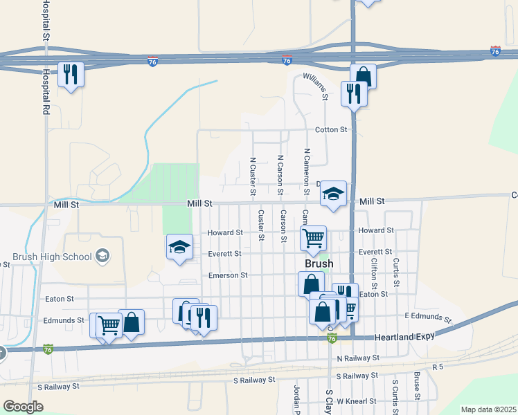 map of restaurants, bars, coffee shops, grocery stores, and more near 728 Custer Street in Brush