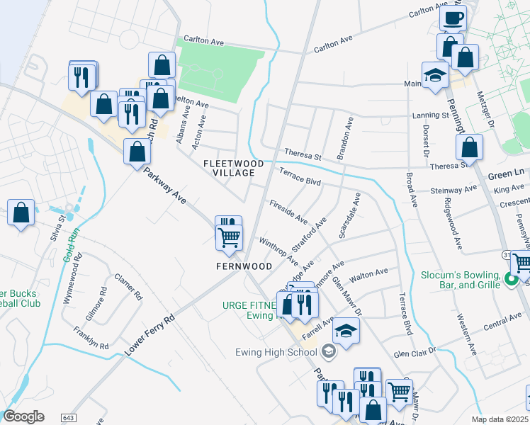 map of restaurants, bars, coffee shops, grocery stores, and more near 1136 Lower Ferry Road in Ewing Township