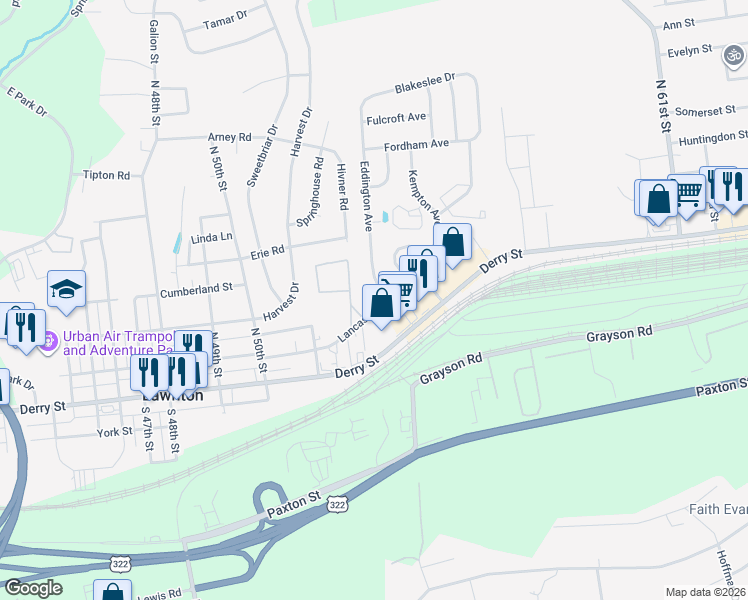 map of restaurants, bars, coffee shops, grocery stores, and more near 5450 Lancaster Street in Harrisburg