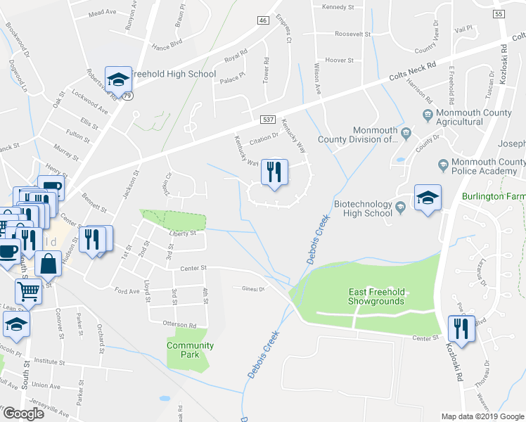 map of restaurants, bars, coffee shops, grocery stores, and more near 126 Kentucky Way in Freehold