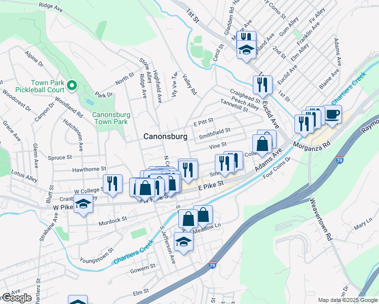 map of restaurants, bars, coffee shops, grocery stores, and more near 303 Greenside Avenue in Canonsburg