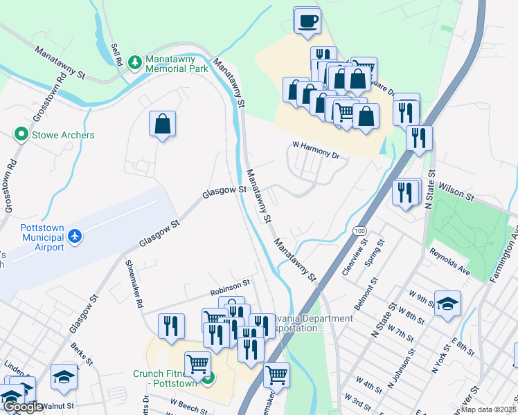map of restaurants, bars, coffee shops, grocery stores, and more near 611 Manatawny Street in Pottstown
