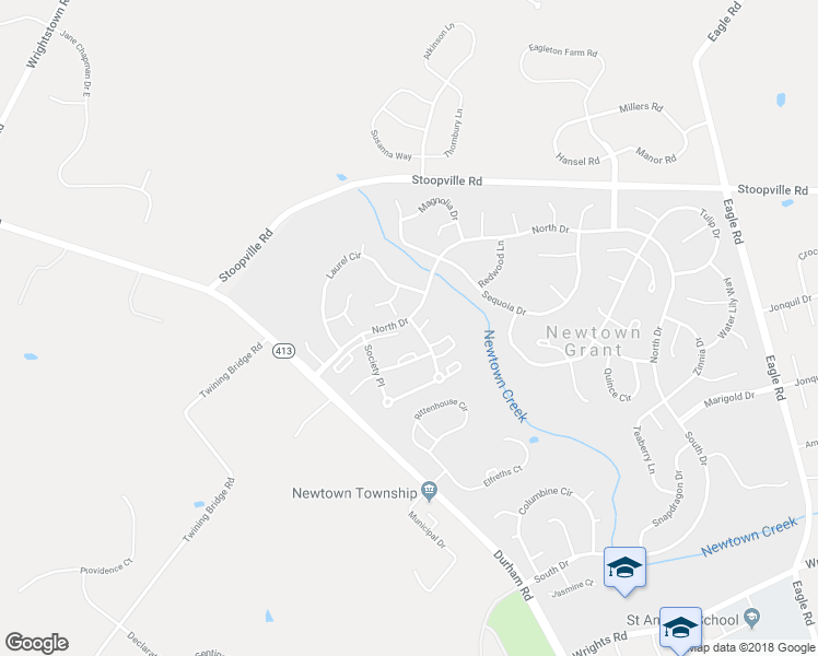 map of restaurants, bars, coffee shops, grocery stores, and more near 1899 Society Place in Newtown