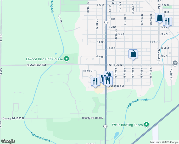map of restaurants, bars, coffee shops, grocery stores, and more near 1305 Dulee Drive in Elwood