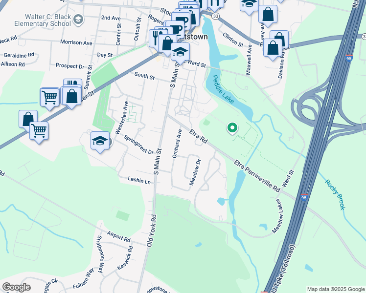 map of restaurants, bars, coffee shops, grocery stores, and more near 108 Orchard Avenue in Hightstown