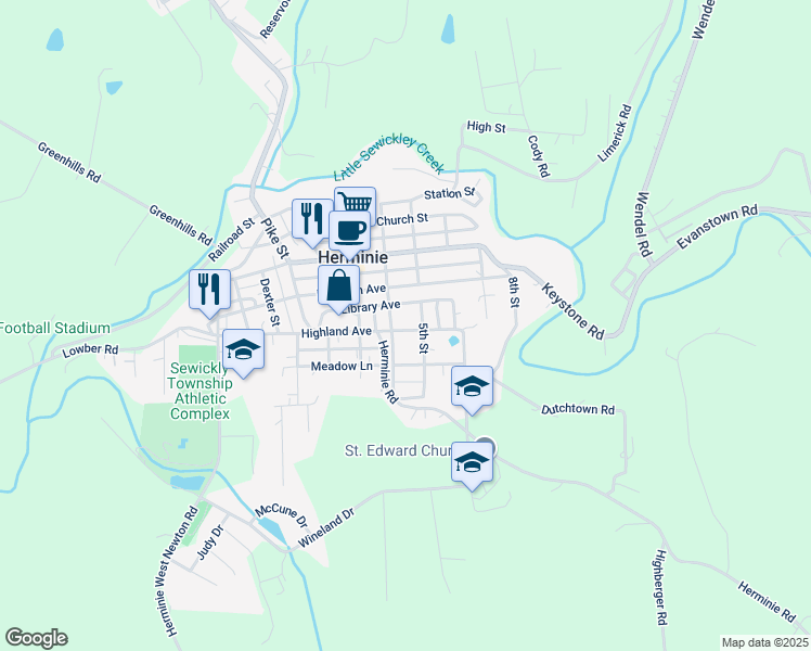 map of restaurants, bars, coffee shops, grocery stores, and more near 403 Highland Avenue in Herminie