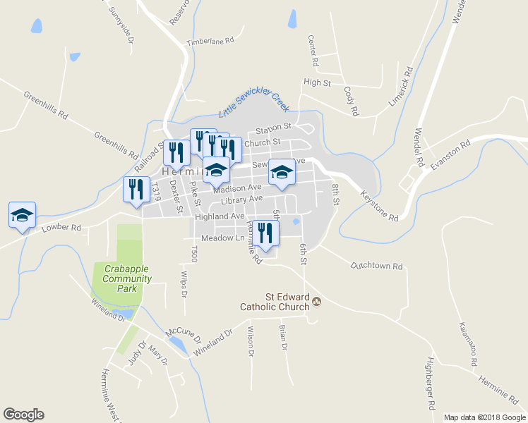 map of restaurants, bars, coffee shops, grocery stores, and more near 403 Highland Ave in Herminie