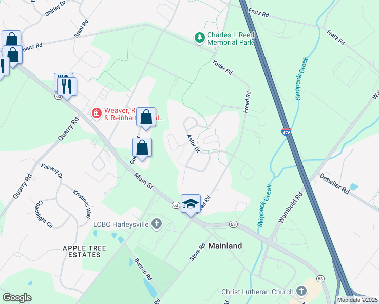 map of restaurants, bars, coffee shops, grocery stores, and more near 305 Vanderbilt Ln in Harleysville