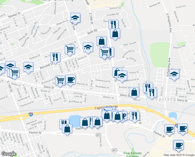 map of restaurants, bars, coffee shops, grocery stores, and more near 2518 Greenwood Street in Harrisburg