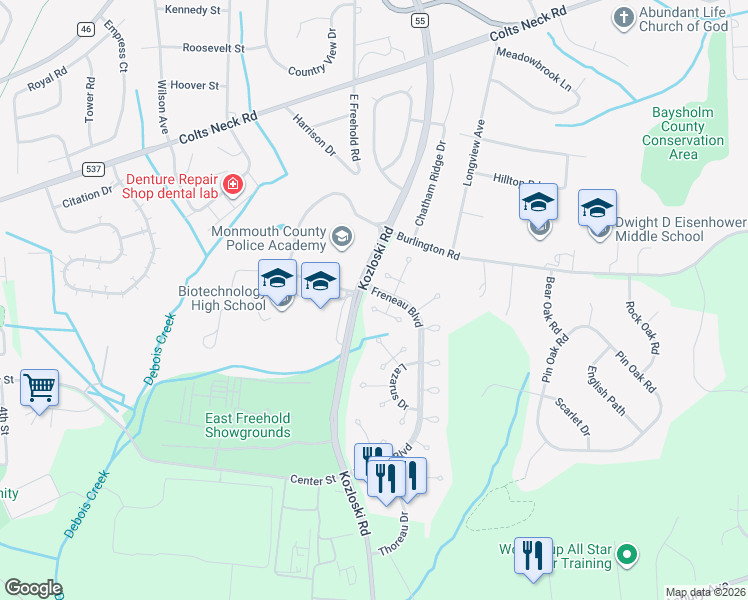 map of restaurants, bars, coffee shops, grocery stores, and more near 6 Cooper Court in Freehold