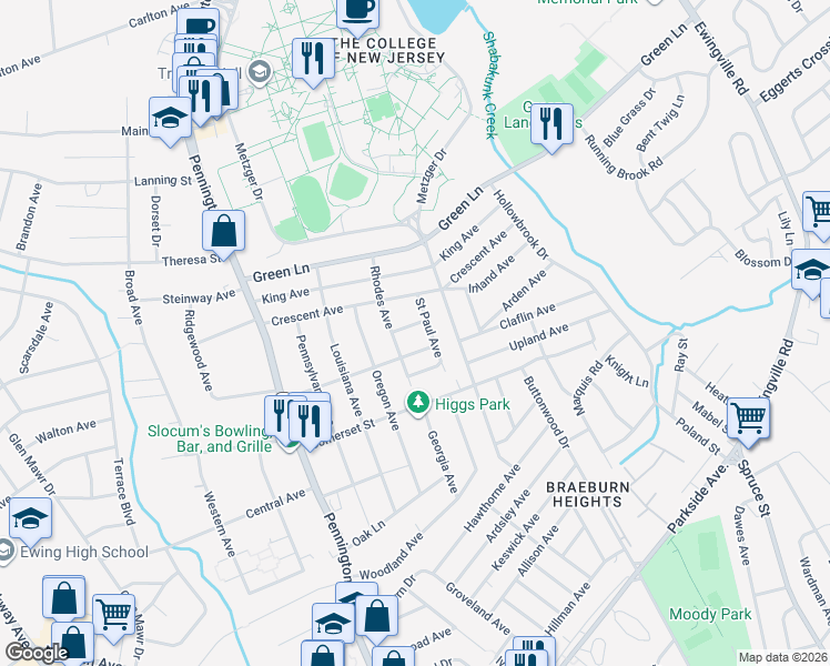 map of restaurants, bars, coffee shops, grocery stores, and more near 19 Ohio Avenue in Ewing Township