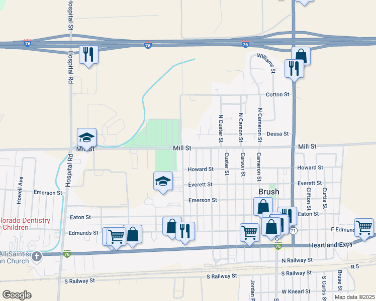 map of restaurants, bars, coffee shops, grocery stores, and more near 731 Ray Street in Brush