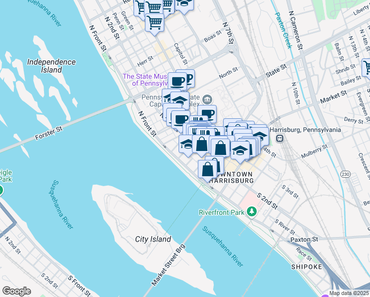 map of restaurants, bars, coffee shops, grocery stores, and more near 116 Pine Street in Harrisburg
