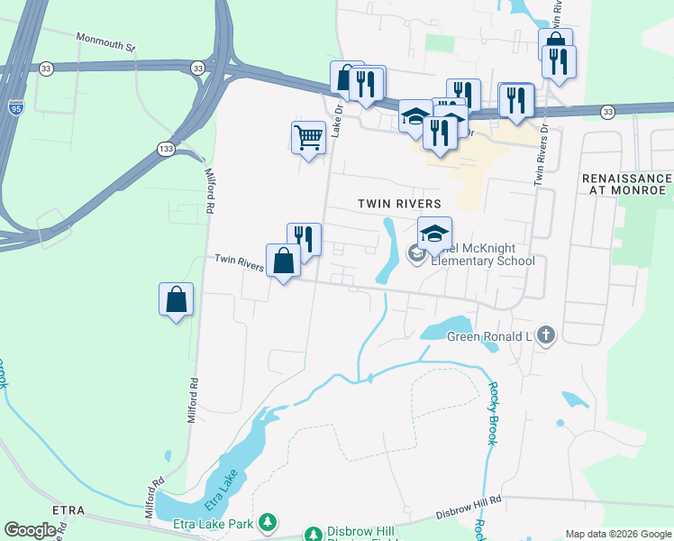 map of restaurants, bars, coffee shops, grocery stores, and more near 3 B Twin Rivers Drive in East Windsor